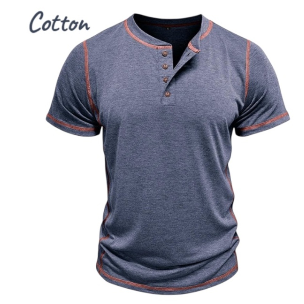 XXL Men's Blue Henley Cotton Shirt with Overstitching Detail, NWT